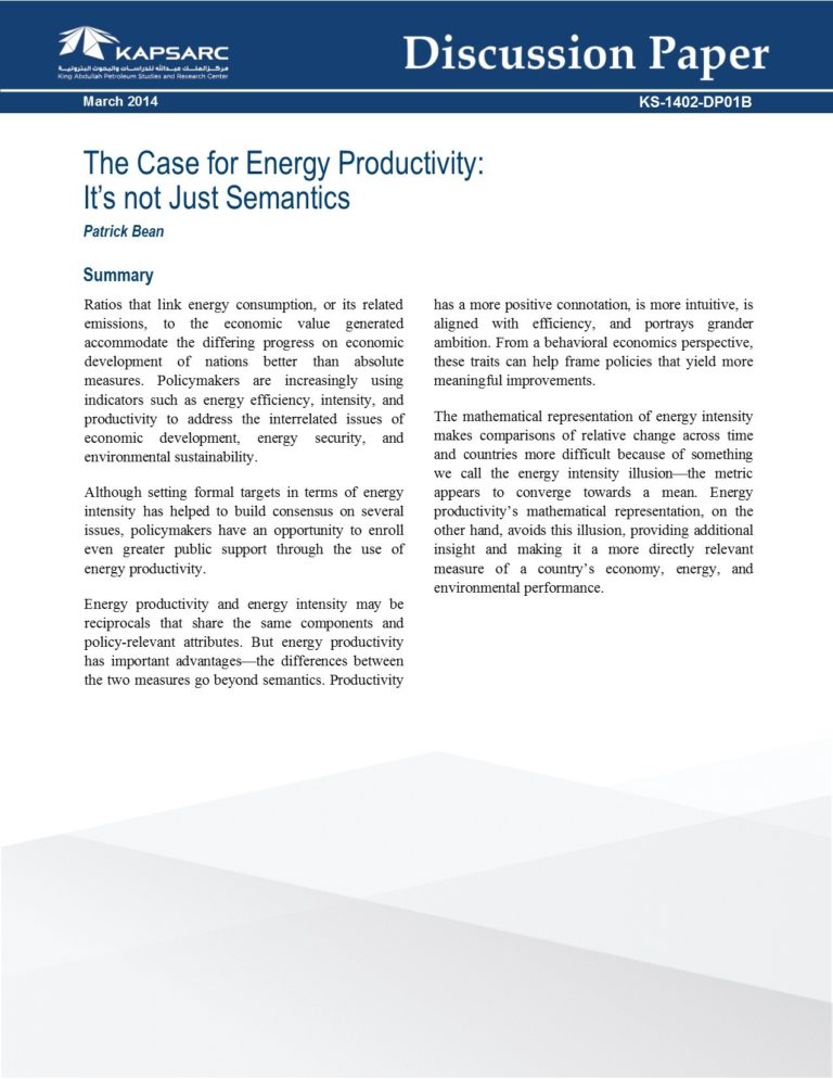 KAPSARC releases Discussion Paper on Energy Productivity