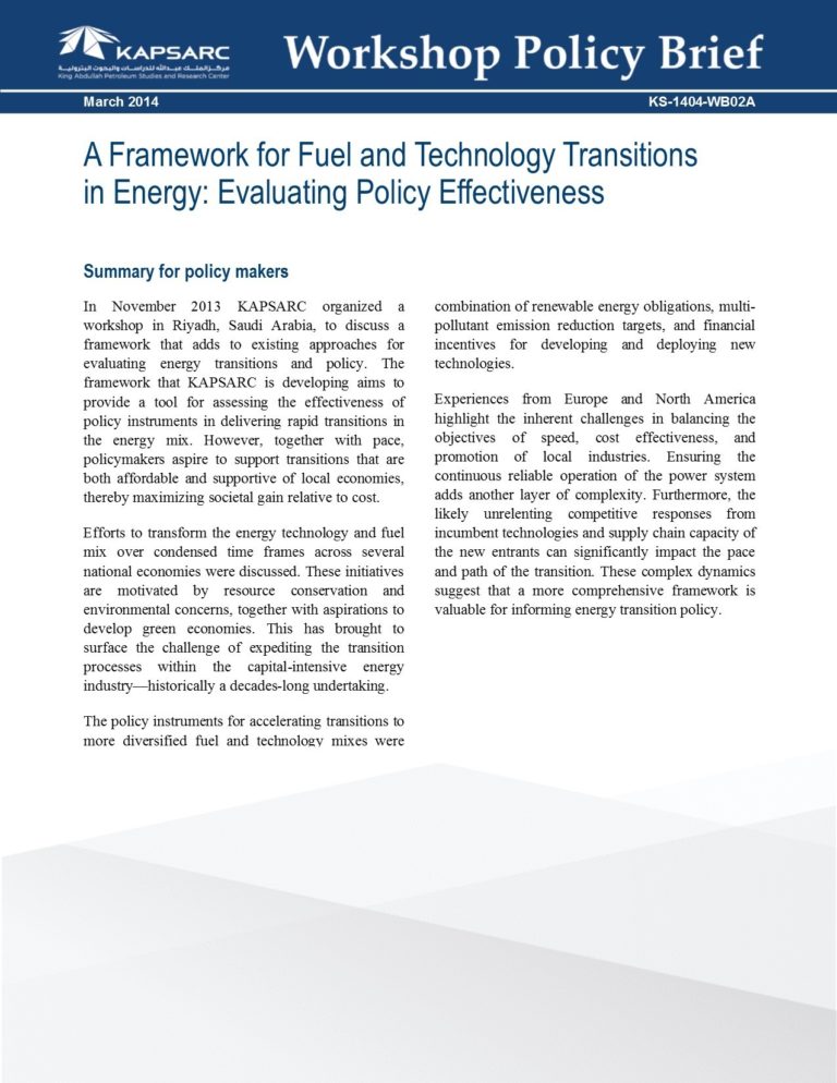 KAPSARC releases Workshop Policy Paper on Energy Transitions