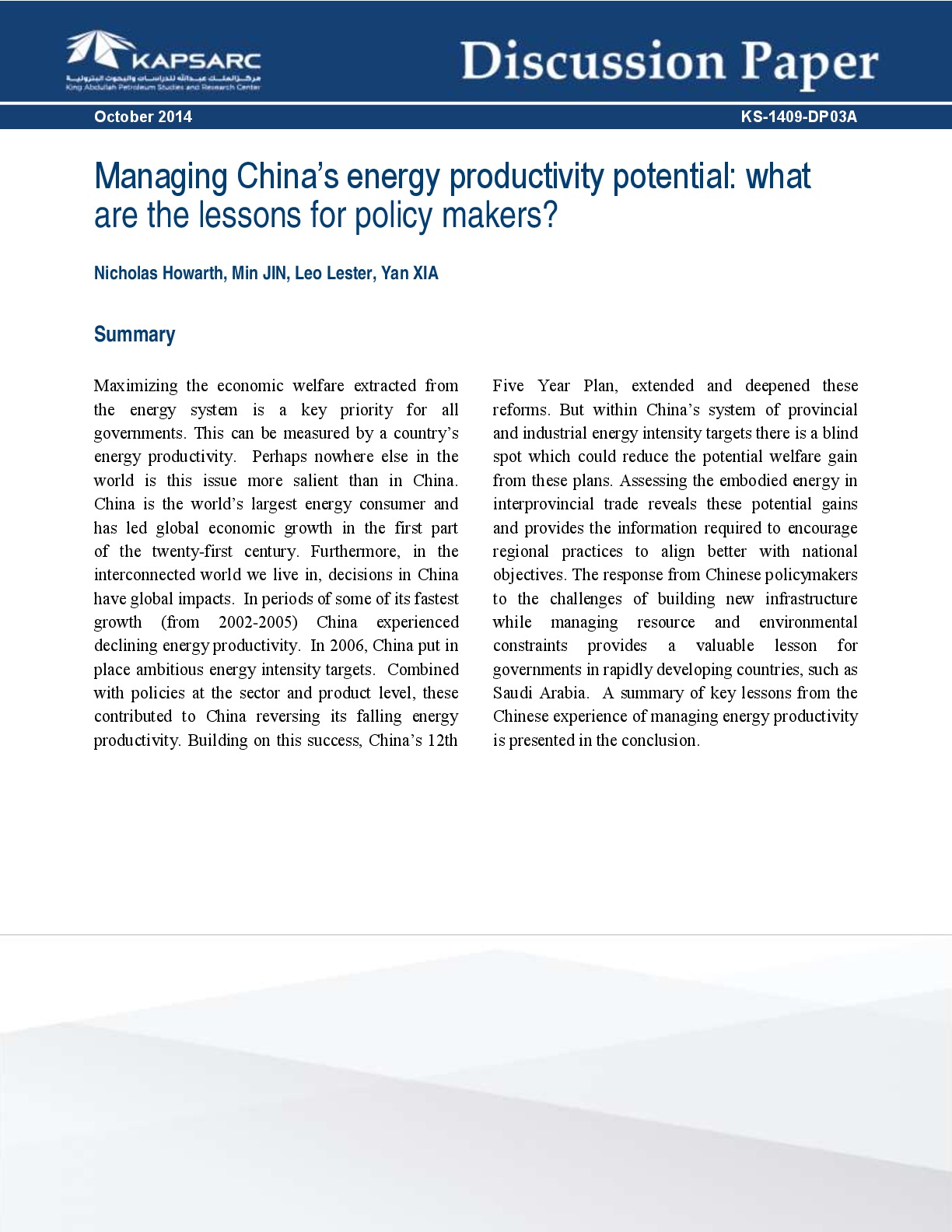 Managing China’s energy productivity potential: what lessons for policy makers