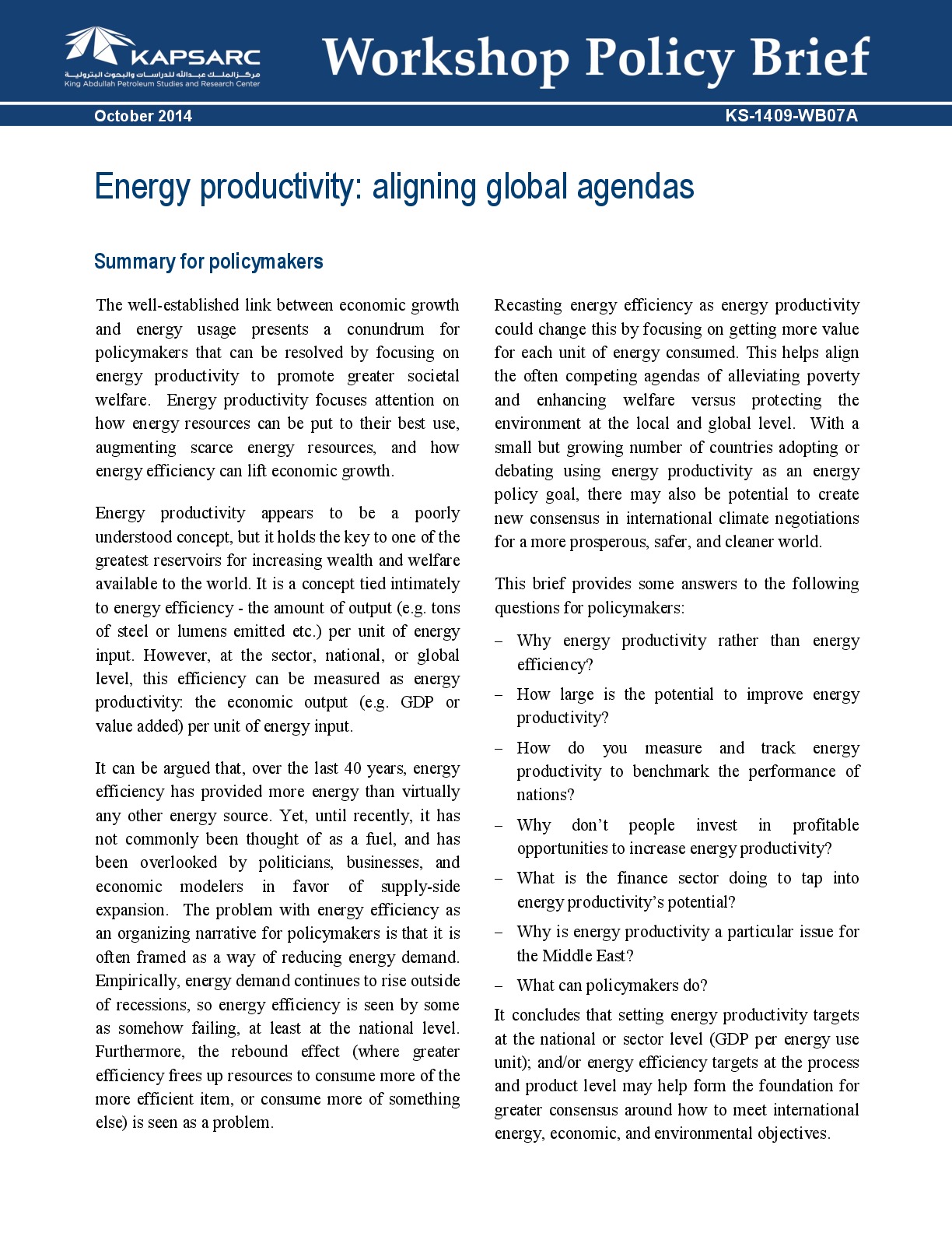 Energy productivity: aligning global agendas
