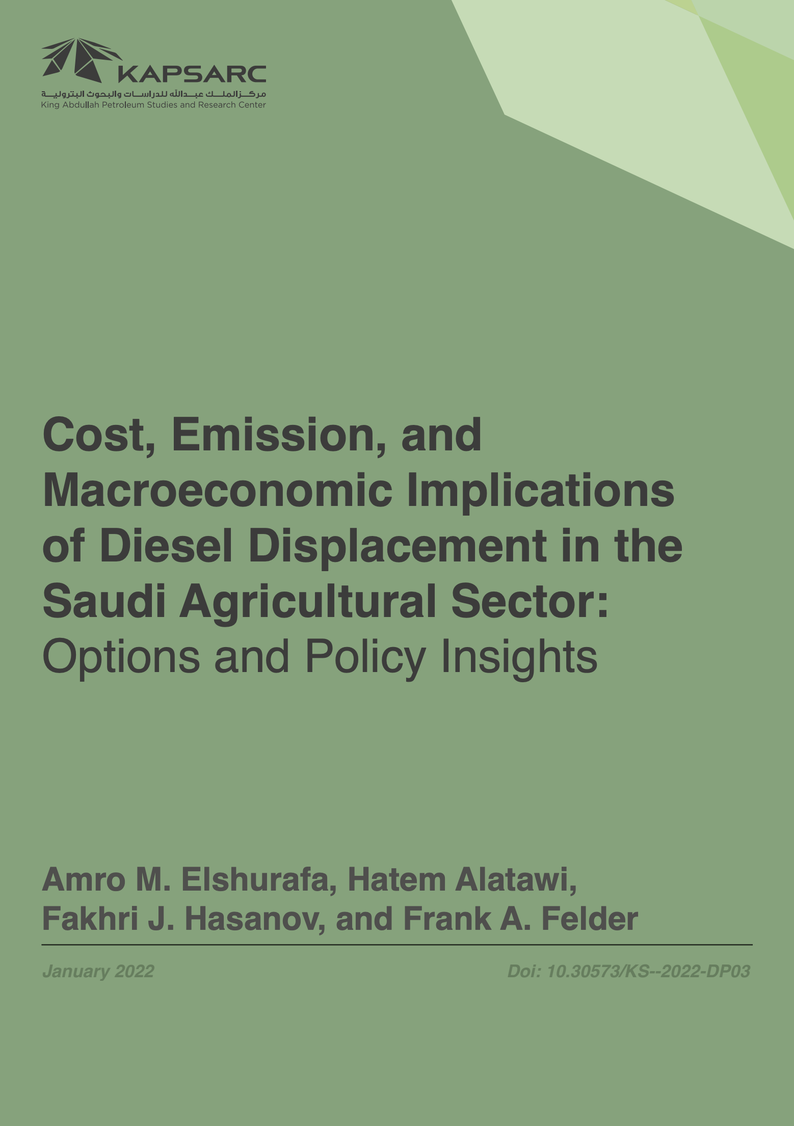 Cost, Emission, and Macroeconomic Implications of Diesel Displacement in the Saudi Agricultural Sector: Options and Policy Insights